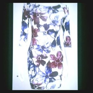 Large Print Floral Design, White 3/4 Sleeved Dress